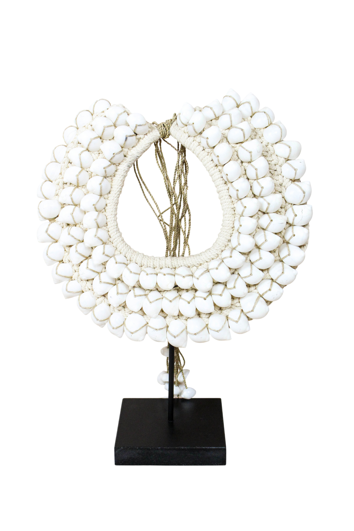 Handmade Indonesian white shell necklace on a display stand