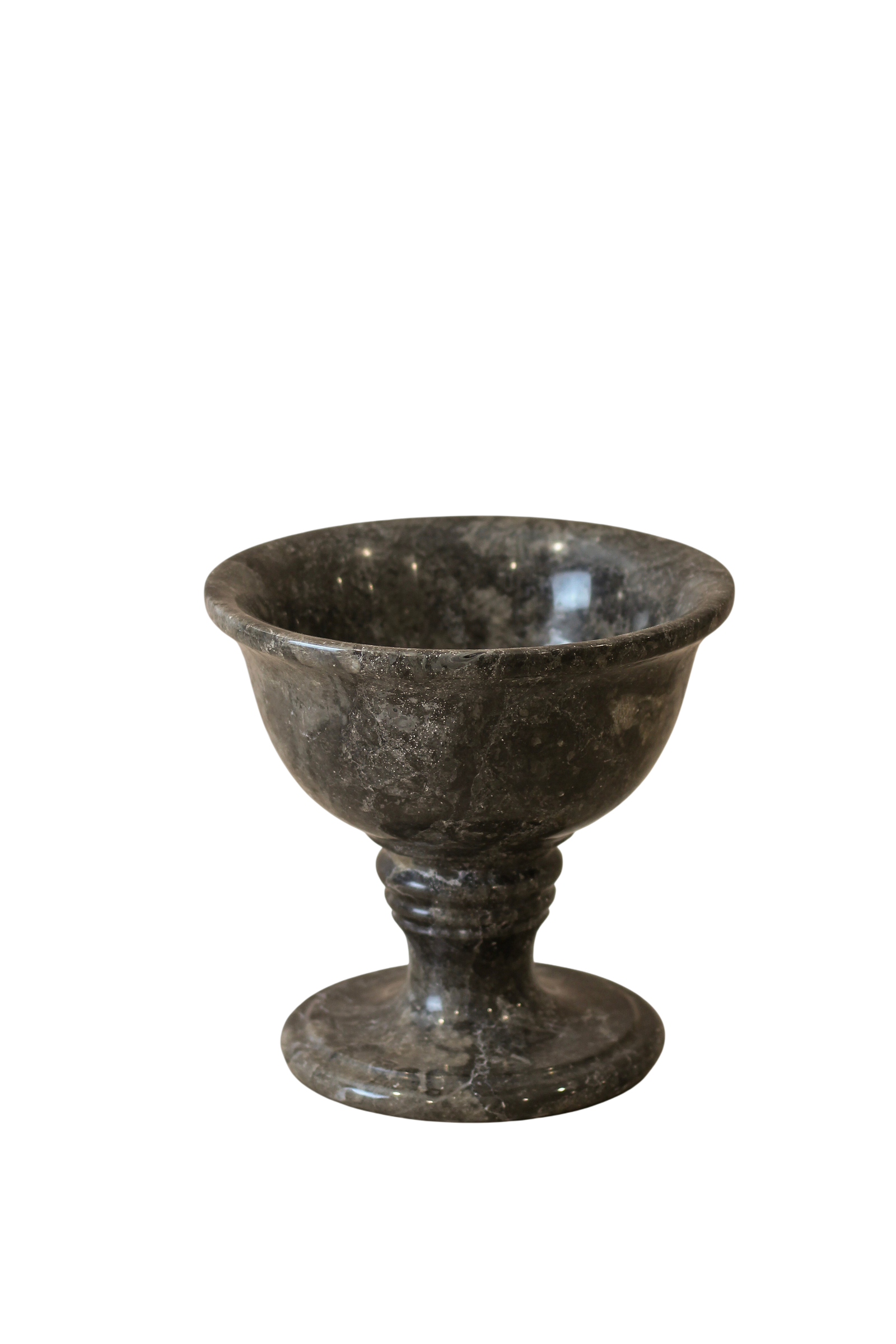Black marble pedestal chalice fruit bowl with natural veining