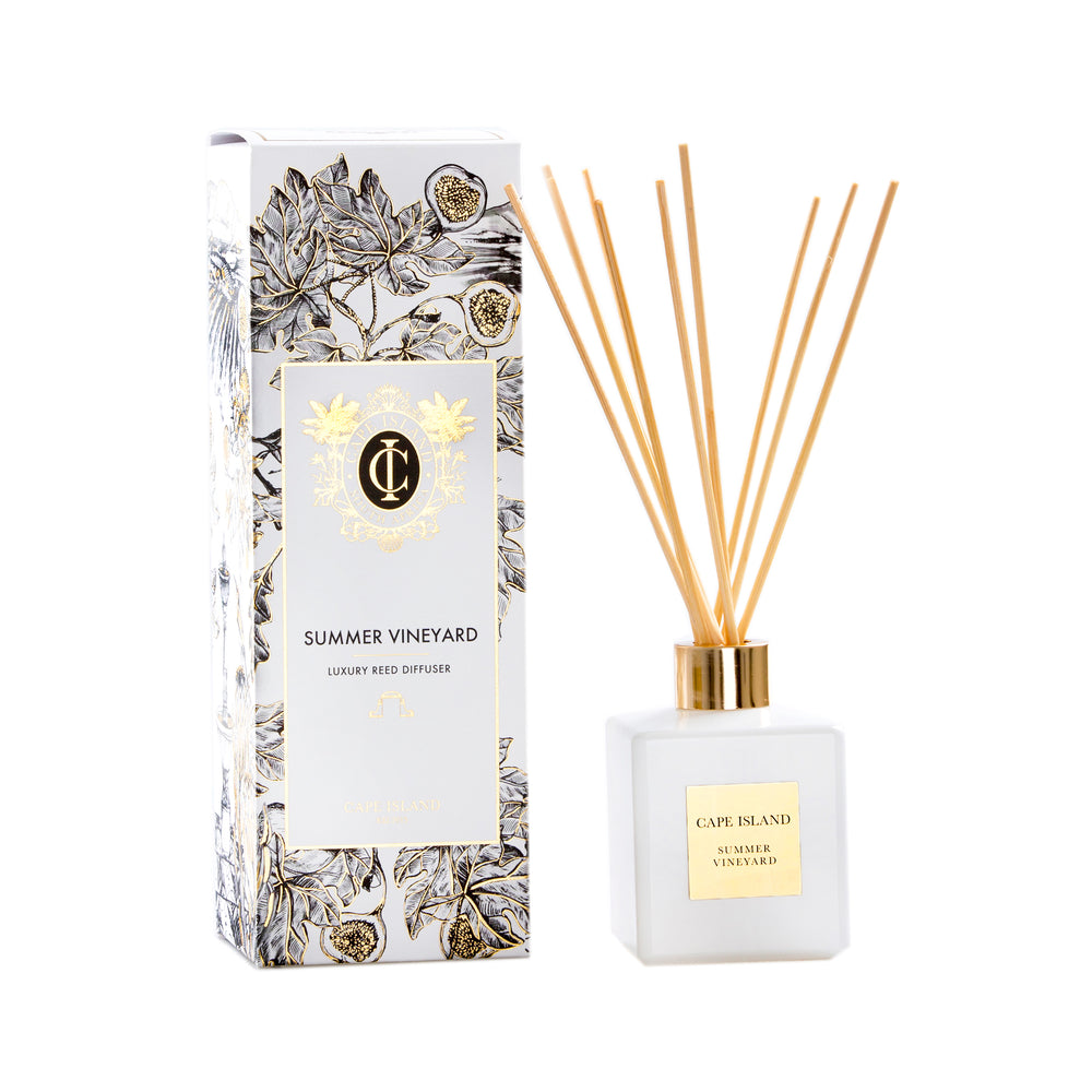 Celebrate the natural beauty of the Cape Winelands with our Summer Vineyard Fragrance Diffuser 50ml fragrance in our geometric white glass