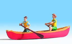 Hand-painted canoe and paddlers miniature terrarium figures, 1:87 scale