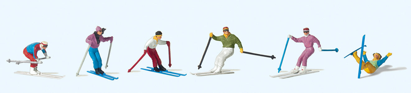 Hand-painted downhill skier miniature terrarium figures, 1:87 scale