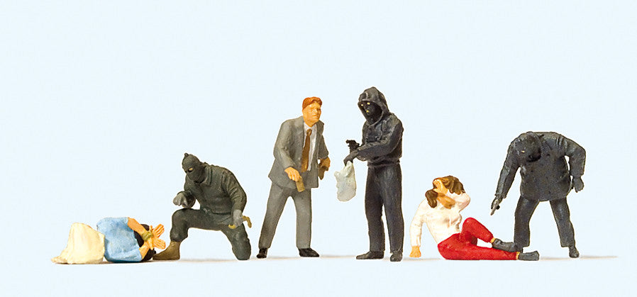 Hand-painted armed-robbery scene miniature terrarium figures, 1:87 scale