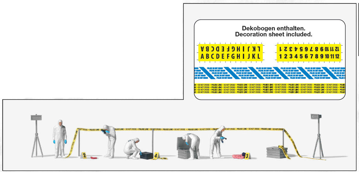 Hand-painted crime-scene forensics miniature terrarium figures with evidence markers, 1:87 scale
