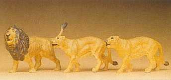 Hand-painted set of three lion miniature terrarium figures, 1:87 scale