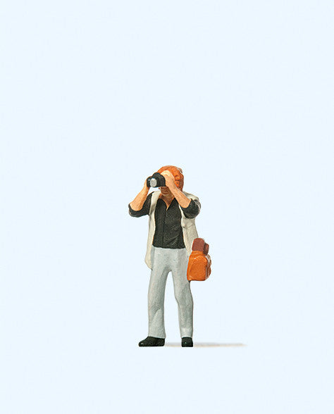 Hand-painted photographer (paparazzi) miniature terrarium figure, 1:87 scale