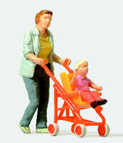Hand-painted mother with a buggy, miniature terrarium figure, 1:87 scale
