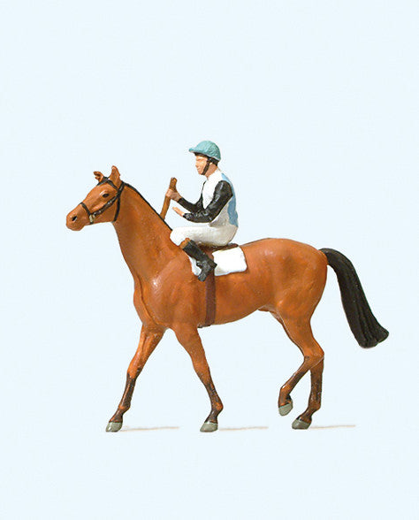 Hand-painted jockey and horse miniature terrarium figure, 1:87 scale