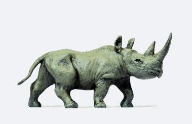 Hand-painted alert rhinoceros (head up) miniature terrarium figure, 1:87 scale
