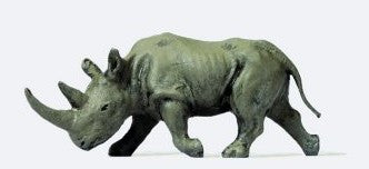 Hand-painted grazing rhinoceros (head down) miniature terrarium figure, 1:87 scale