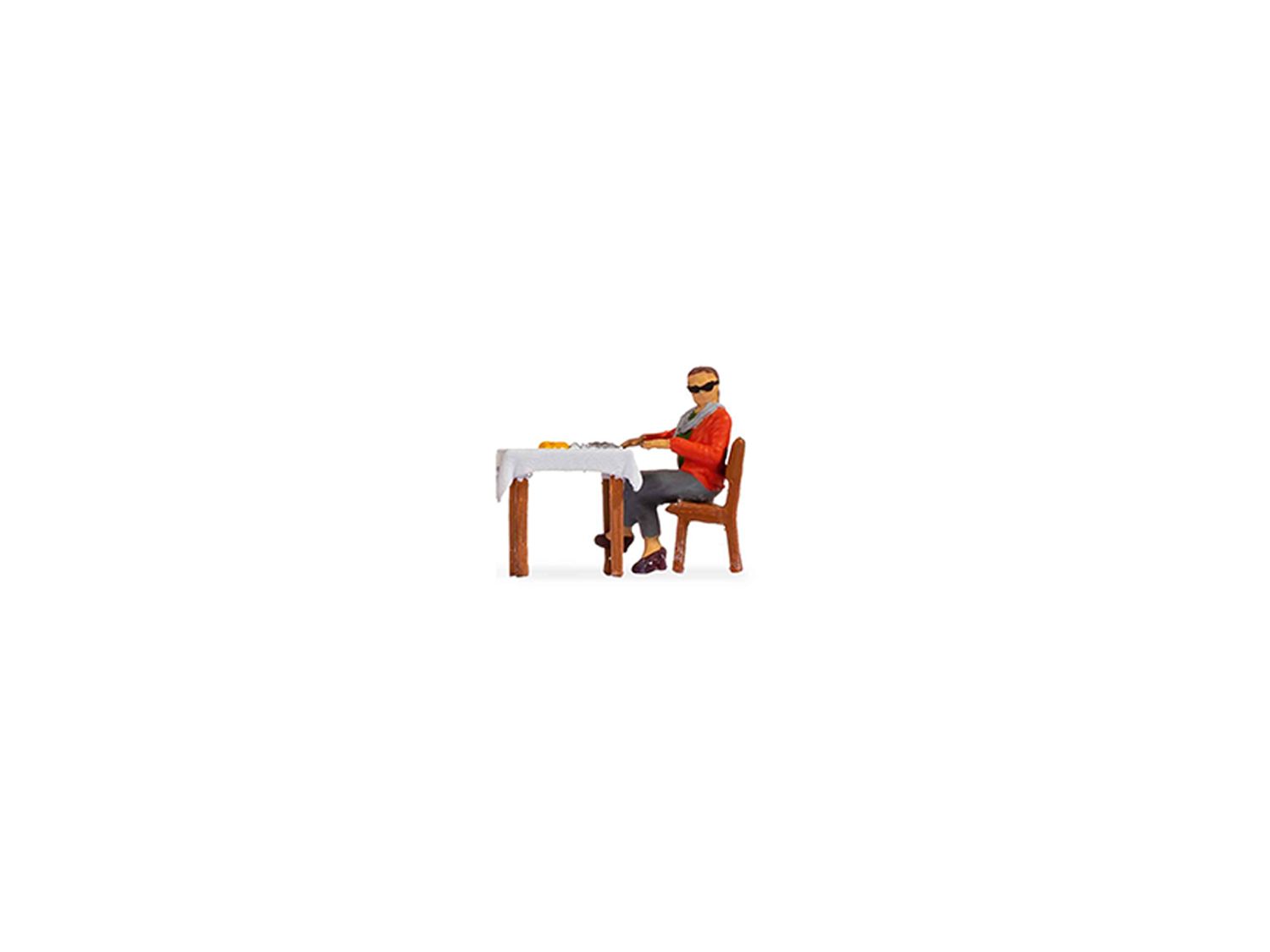 Hand-painted woman-on-lunch-break miniature terrarium figure, 1:87 scale