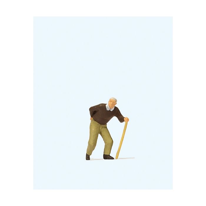 Hand-painted old man with walking stick, miniature terrarium figure, 1:87 scale