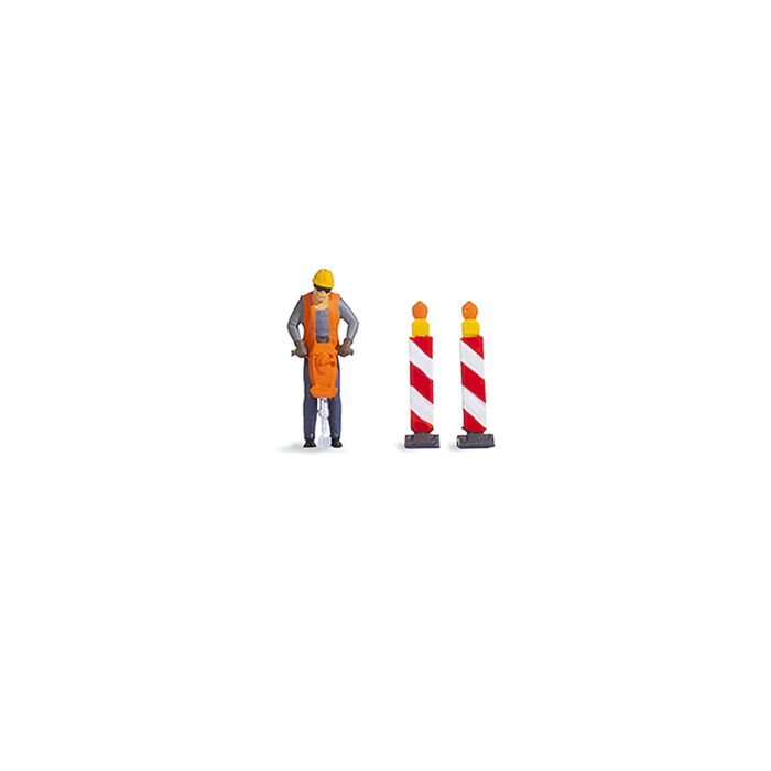 Hand-painted road-workers miniature terrarium figures with signage, 1:87 scale