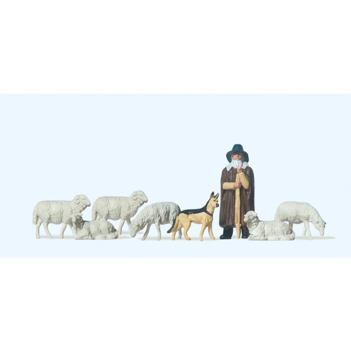 Hand-painted shepherd with flock and dog, miniature terrarium figures, 1:87 scale