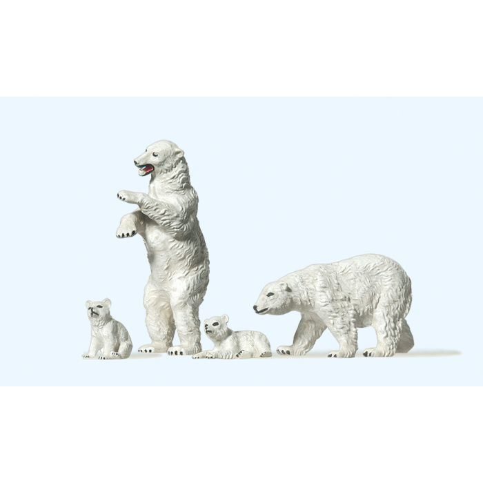 Hand-painted set of four polar bear miniature terrarium figures, 1:87 scale