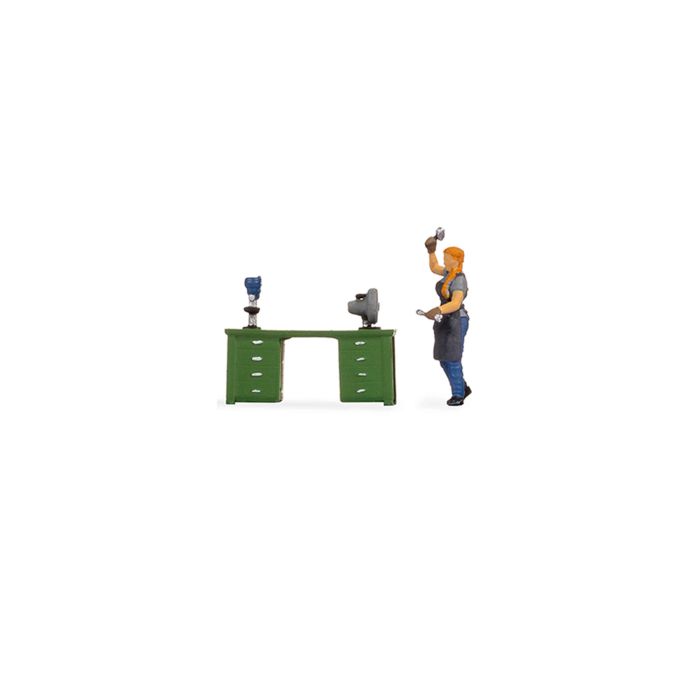 Hand-painted engineer-at-work miniature terrarium figure with plans, 1:87 scale