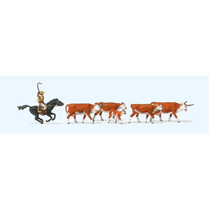 Hand-painted cowboy and longhorn cattle miniature terrarium figures, 1:87 scale