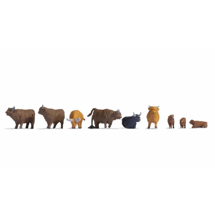 Hand-painted set of nine Highland cattle miniature terrarium figures, 1:87 scale
