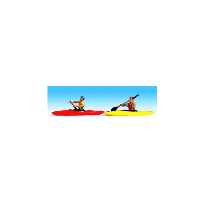 Hand-painted set of two kayaks with paddlers, miniature terrarium figures, 1:87 scale