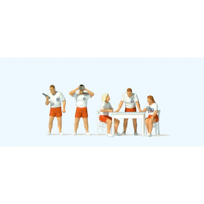Hand-painted set of five lifeguard beach-rescue miniature terrarium figures, 1:87 scale