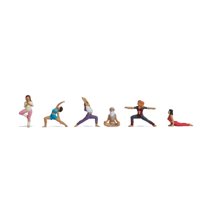 Hand-painted set of six yoga miniature terrarium figures, 1:87 scale