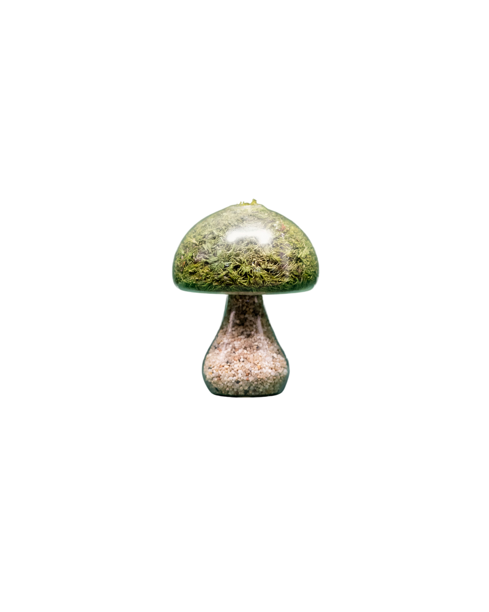 Round moss mushroom decoration with a pale light-stone cap, hand-made from green preserved moss