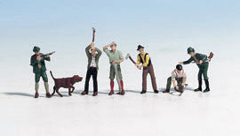 Hand-painted hunters, lumberjacks and dog miniature terrarium figures, 1:87 scale