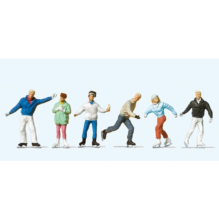 Hand-painted set of six ice-skater miniature terrarium figures, 1:87 scale