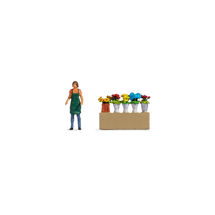 Hand-painted flower-stall miniature terrarium figures with florist, 1:87 scale