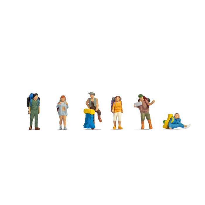 Hand-painted set of six backpacker miniature terrarium figures, 1:87 scale