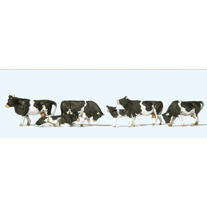 Hand-painted set of five black-and-white cow miniature terrarium figures, 1:87 scale