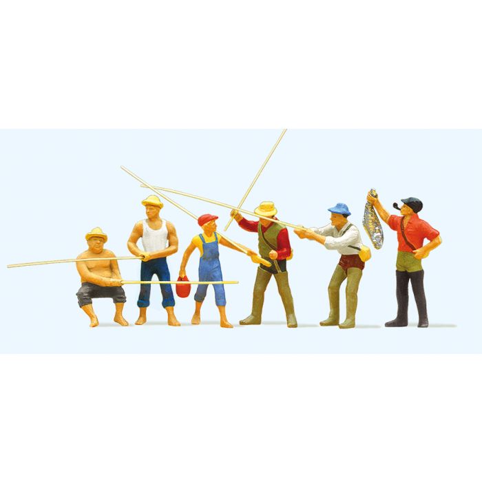 Hand-painted set of six fishermen miniature terrarium figures, 1:87 scale