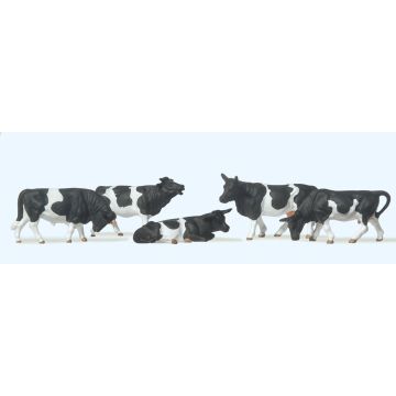 Hand-painted set of five black or brown cow miniature terrarium figures, 1:87 scale