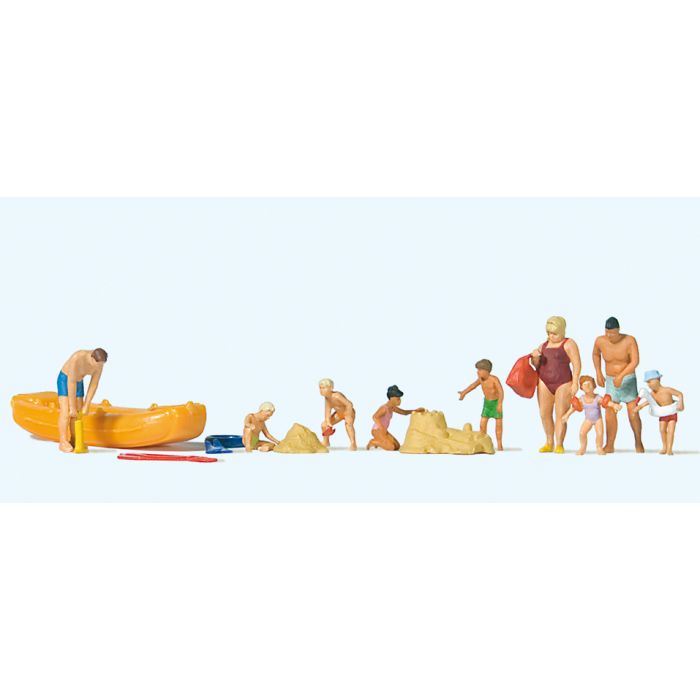 Hand-painted set of nine beach-leisure miniature terrarium figures, 1:87 scale