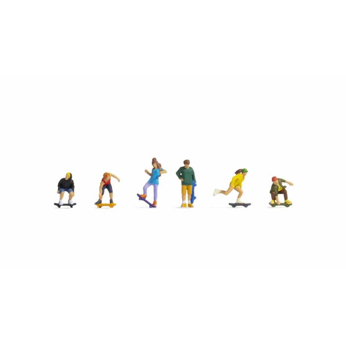 Hand-painted set of six skateboarder miniature terrarium figures, 1:87 scale