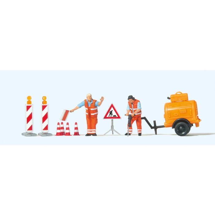 Hand-painted set of two road workers with compressor, miniature terrarium figures, 1:87 scale