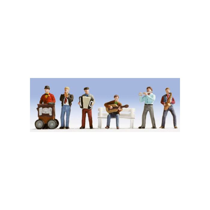 Hand-painted set of six busker miniature terrarium figures, 1:87 scale