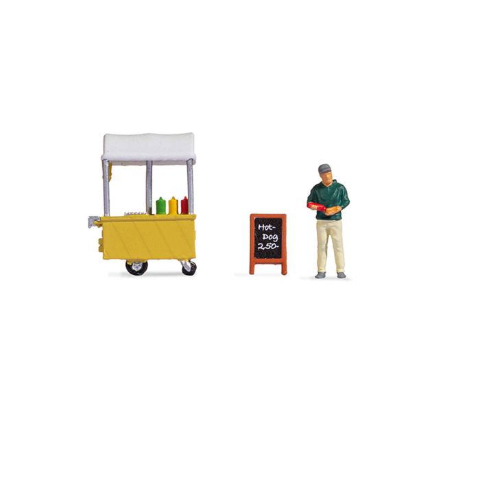 Hand-painted hot-dog-stand miniature terrarium figures with vendor cart, 1:87 scale