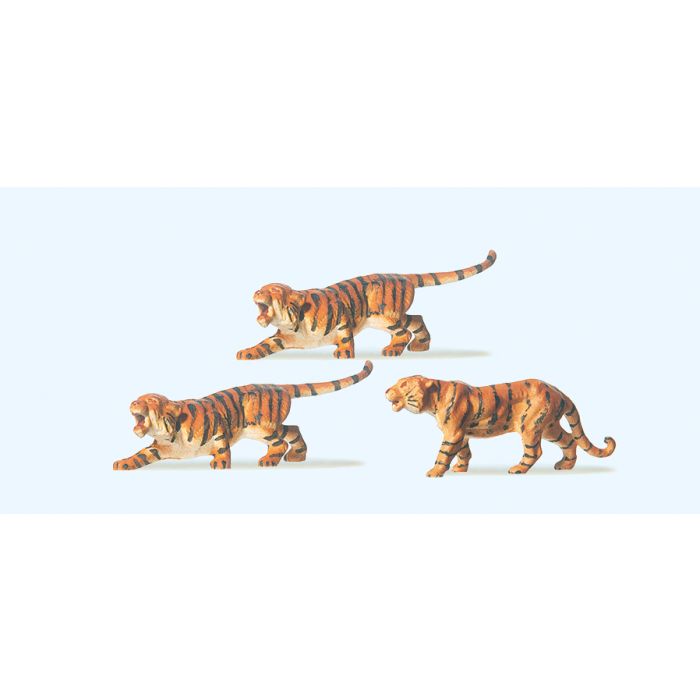 Hand-painted set of three tiger miniature terrarium figures, 1:87 scale