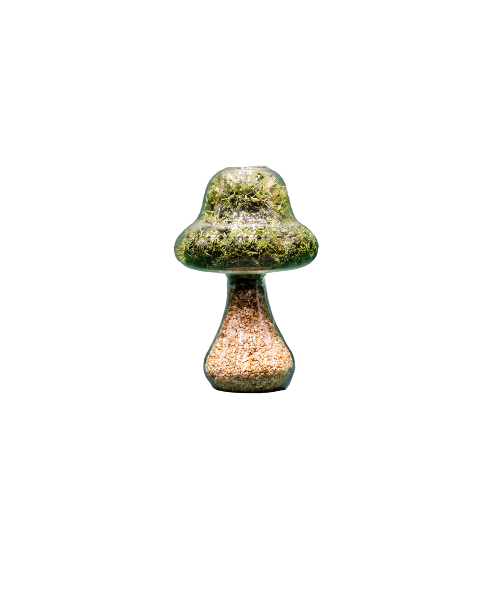 Tall moss mushroom decoration with a natural stone cap, hand-made from green preserved moss