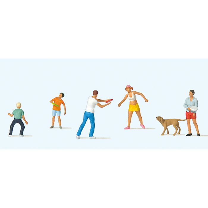 Hand-painted set of five frisbee-players miniature terrarium figures with dog, 1:87 scale