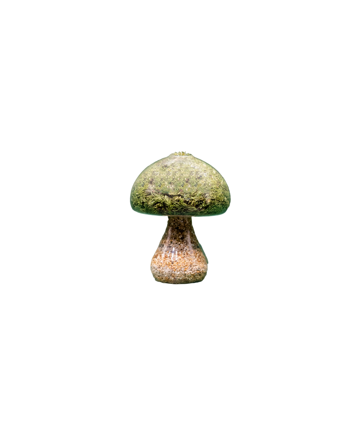 Round moss mushroom decoration with a natural stone cap, hand-made from green preserved moss