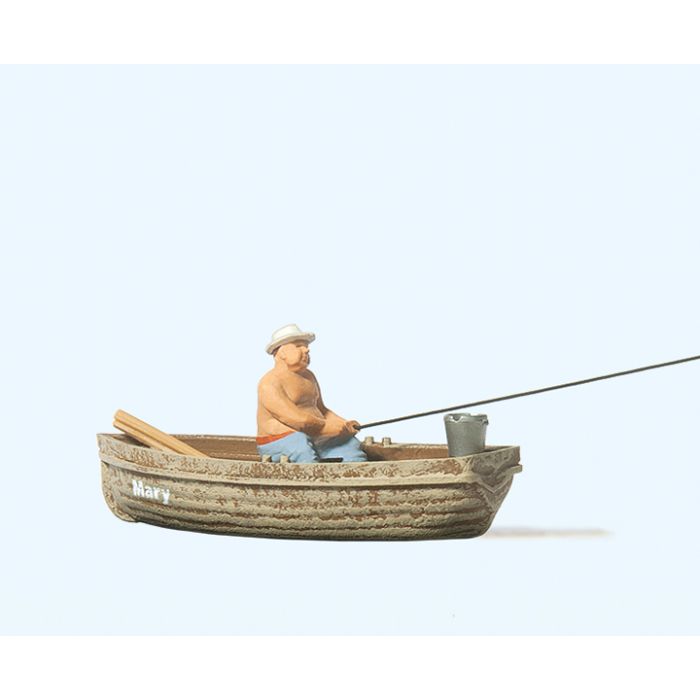 Hand-painted angler in a boat, miniature terrarium figure, 1:87 scale