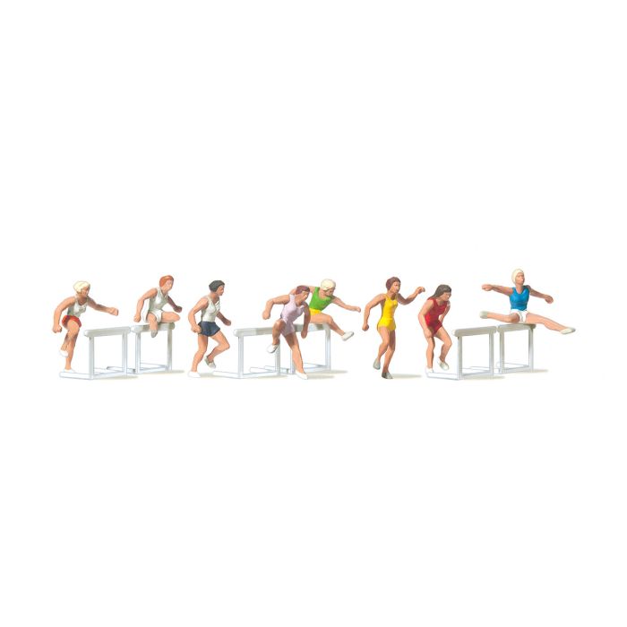Hand-painted set of eight hurdler miniature terrarium figures, 1:87 scale