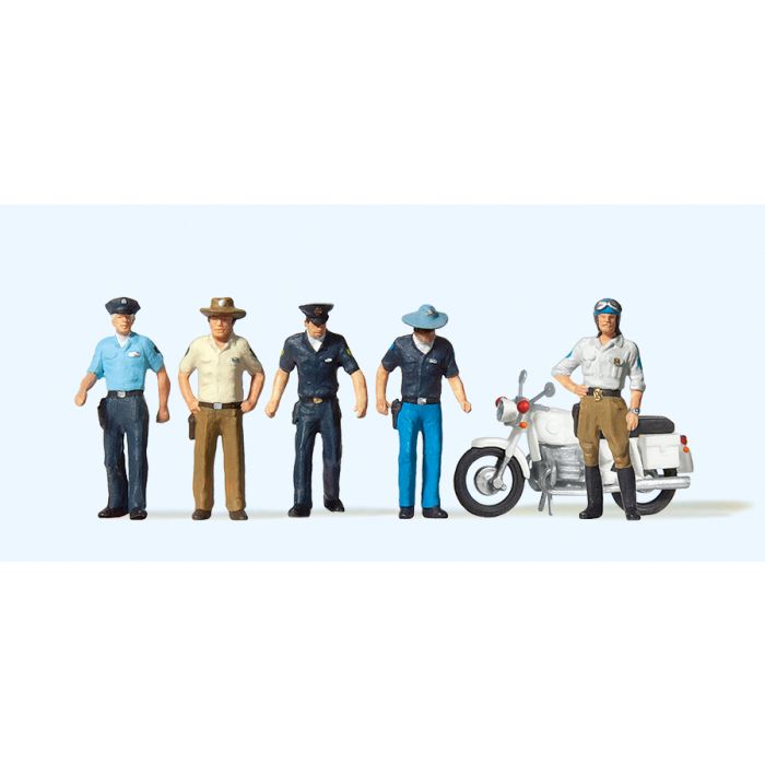 Hand-painted American policemen with motorcycle, miniature terrarium figures, 1:87 scale