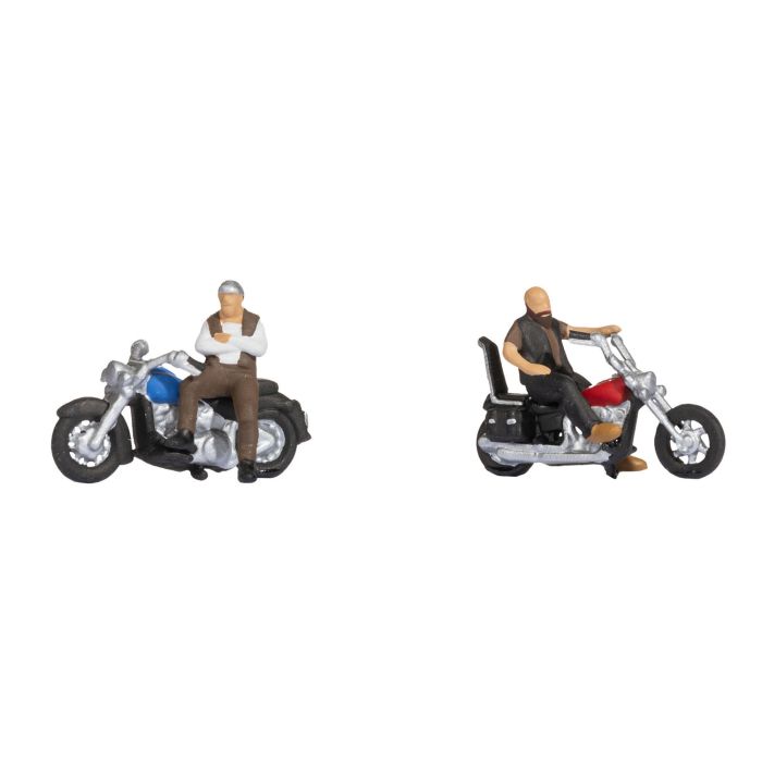 Hand-painted set of two motorbike rider miniature terrarium figures, 1:87 scale
