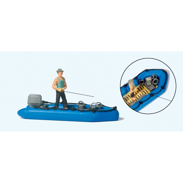 Hand-painted angler in a dinghy, miniature terrarium figure, 1:87 scale