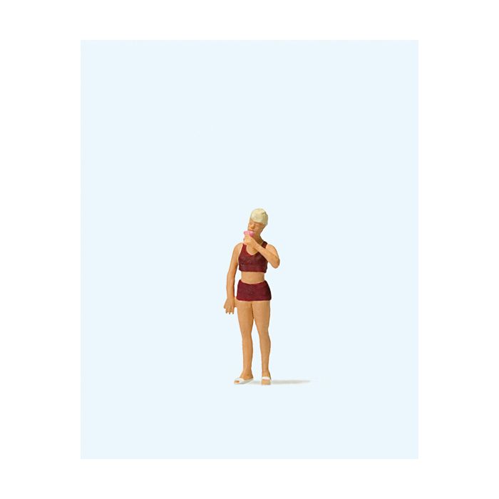 Hand-painted woman eating ice cream, miniature terrarium figure, 1:87 scale