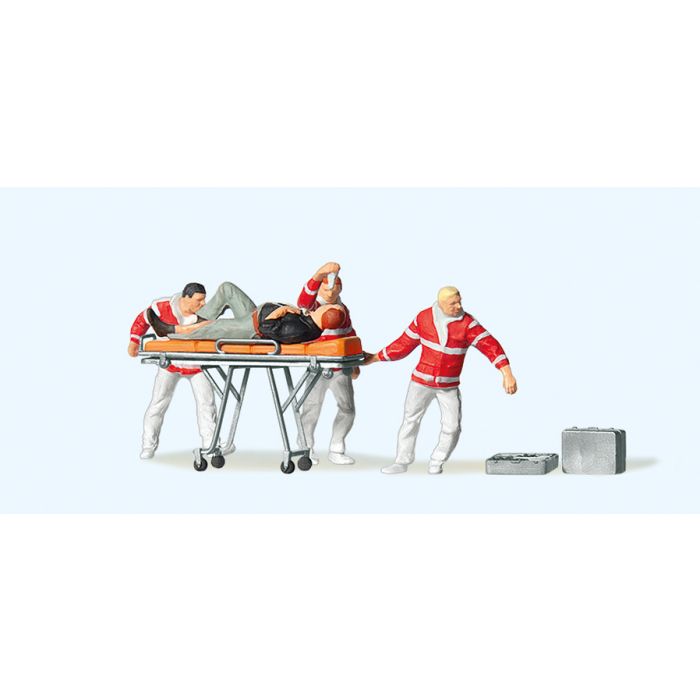 Hand-painted paramedics with stretcher, miniature terrarium figures, 1:87 scale