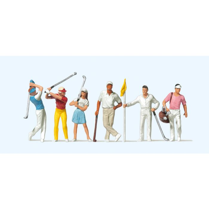 Hand-painted set of six golfer miniature terrarium figures, 1:87 scale