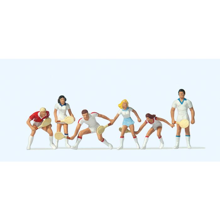 Hand-painted set of six tennis player miniature terrarium figures, 1:87 scale